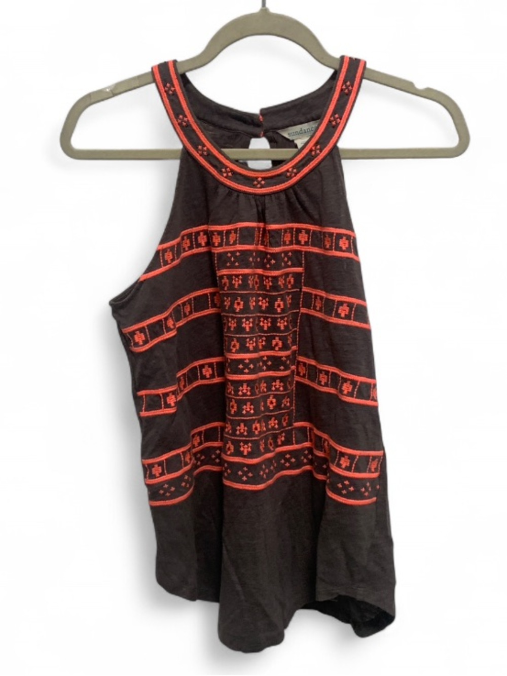 Sundance Sumira Gray Tank Top with Boho Coral Embroidery